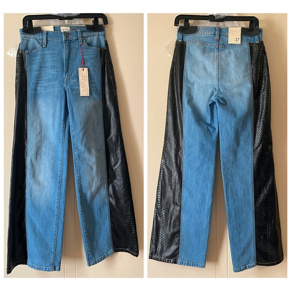 🏷 🆕 Alice + Olivia High Rise Vegan Leather Denim Jean Combo Max Wide Leg Pant - Picture 8 of 17